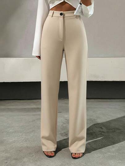Beige high-waisted straight-leg tailored trousers at SHEIN