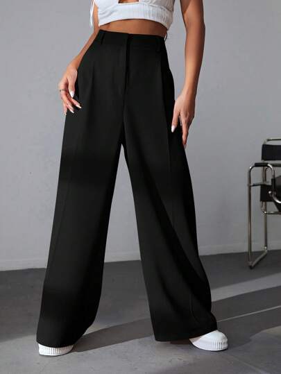 Black high-waisted wide-leg trousers at SHEIN