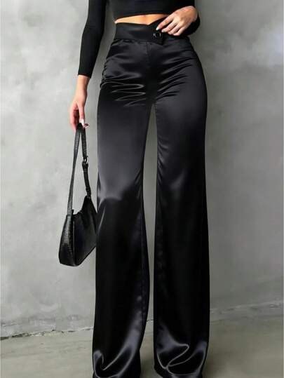 Black high-waist satin trousers with a straight wide leg at SHEIN