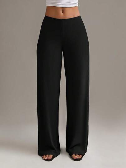 Black high-waisted straight-leg stretch trousers at SHEIN
