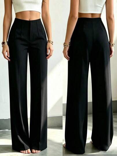 Black high-waisted wide-leg tailored trousers at SHEIN