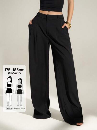 Black pleated high-waisted wide-leg trousers at SHEIN