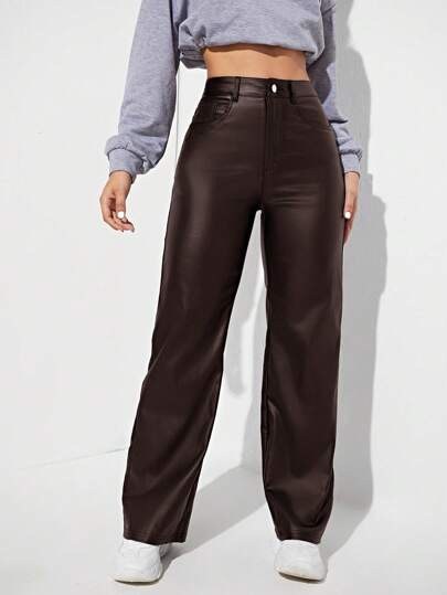 Dark brown glossy faux-leather high-waisted straight trousers at SHEIN
