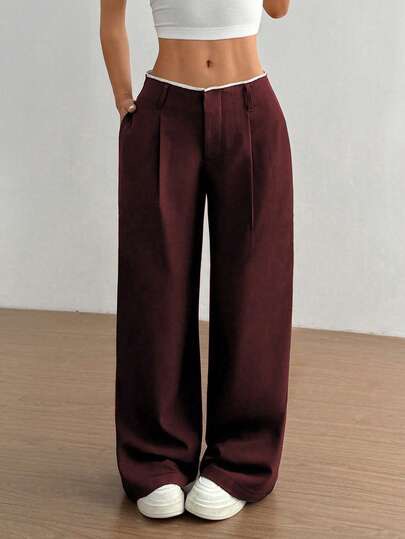 Burgundy slimming straight-leg wide trousers at SHEIN