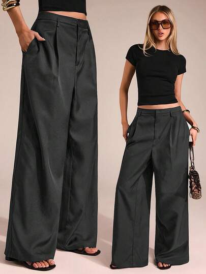 Charcoal fitted straight-leg tailored trousers at SHEIN