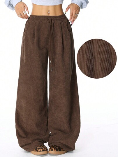 Brown corduroy wide-leg trousers with drawstring waist at SHEIN