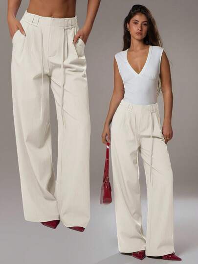 Cream high-waisted wide-leg tailored trousers at SHEIN