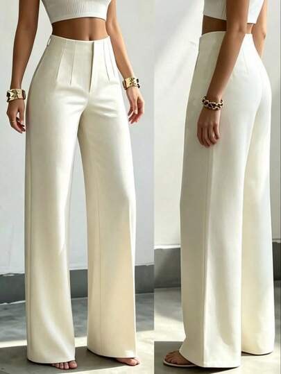 Cream high-waist wide straight-leg business trousers at SHEIN