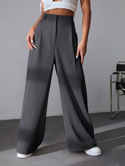 Dark charcoal grey wide-leg pleated tailored trousers at SHEIN