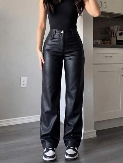 High-waisted black faux-leather straight trousers at SHEIN