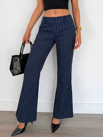 Navy pinstripe high-waisted wide-leg trousers at SHEIN
