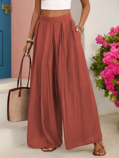 Rust wide-leg tailored trousers at SHEIN
