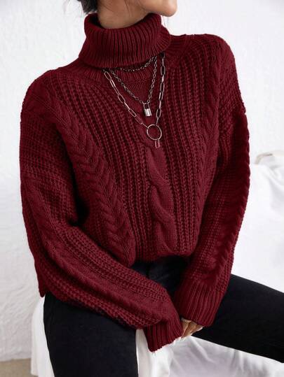 Oversized burgundy chunky cable-knit turtleneck sweater at SHEIN