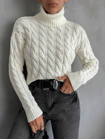 Very oversized cream chunky cable-knit turtleneck sweater at SHEIN