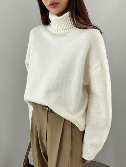 Ivory oversized drop-shoulder turtleneck sweater at SHEIN