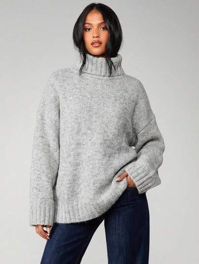 Grey ribbed fitted turtleneck sweater at SHEIN