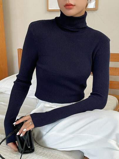 Fitted navy blue ribbed turtleneck sweater at SHEIN