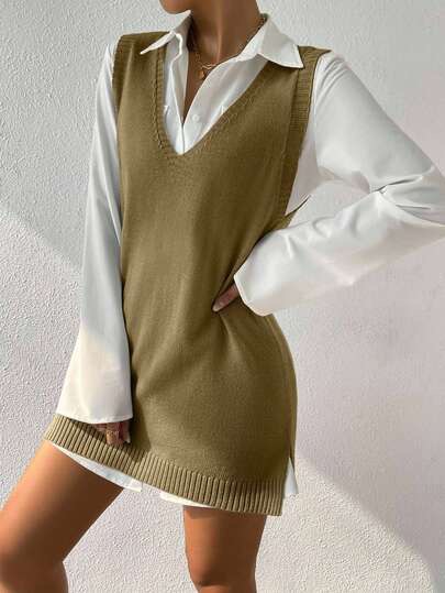 Olive sleeveless V-neck knit vest at SHEIN
