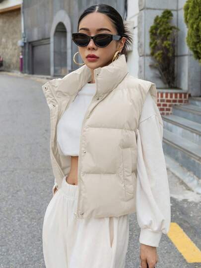Cream quilted zip-collar puffer vest at SHEIN
